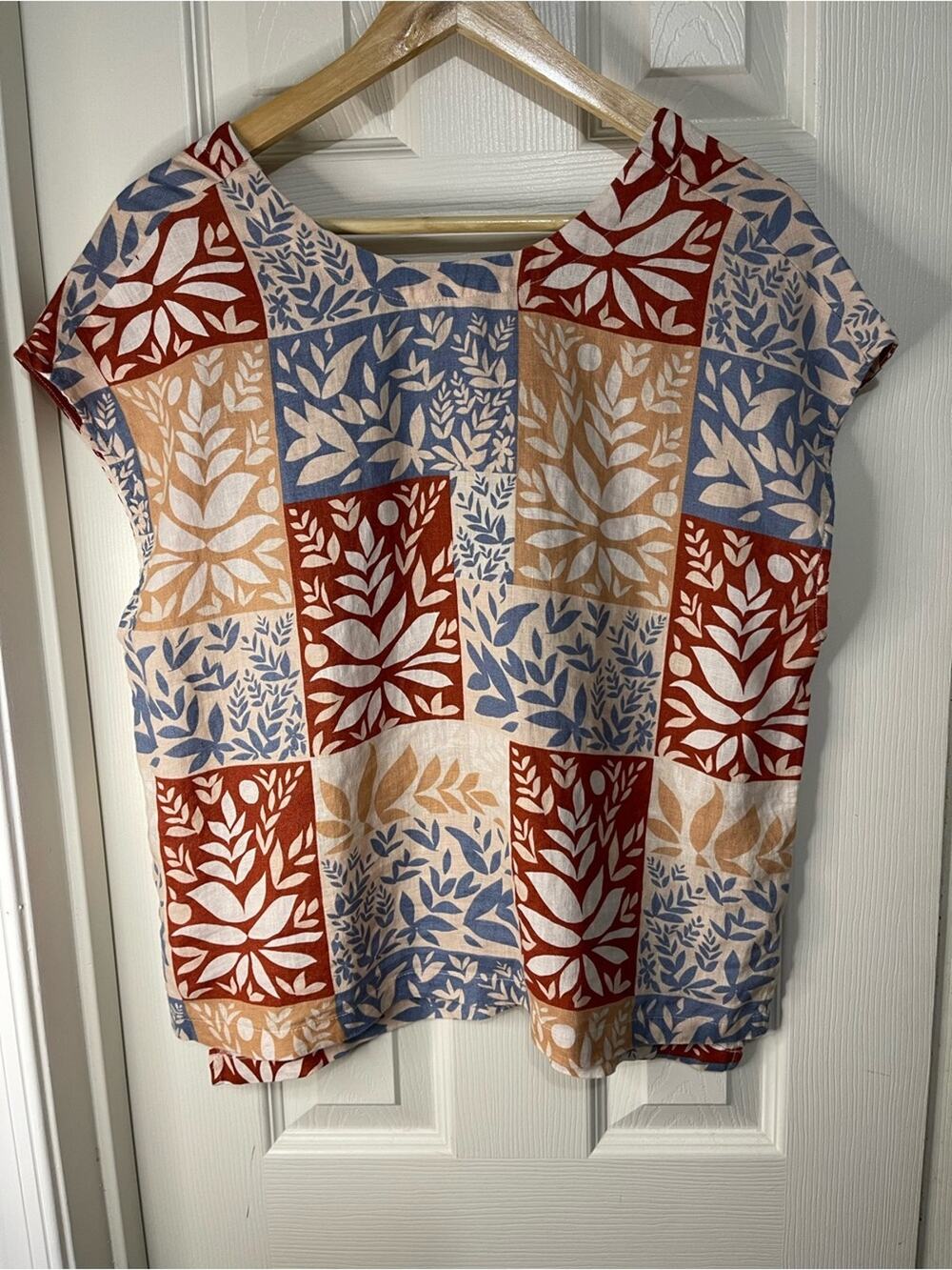 Sigird Olsen 100% Linen Leaf Print Patchwork Boxy shirt back button detail M